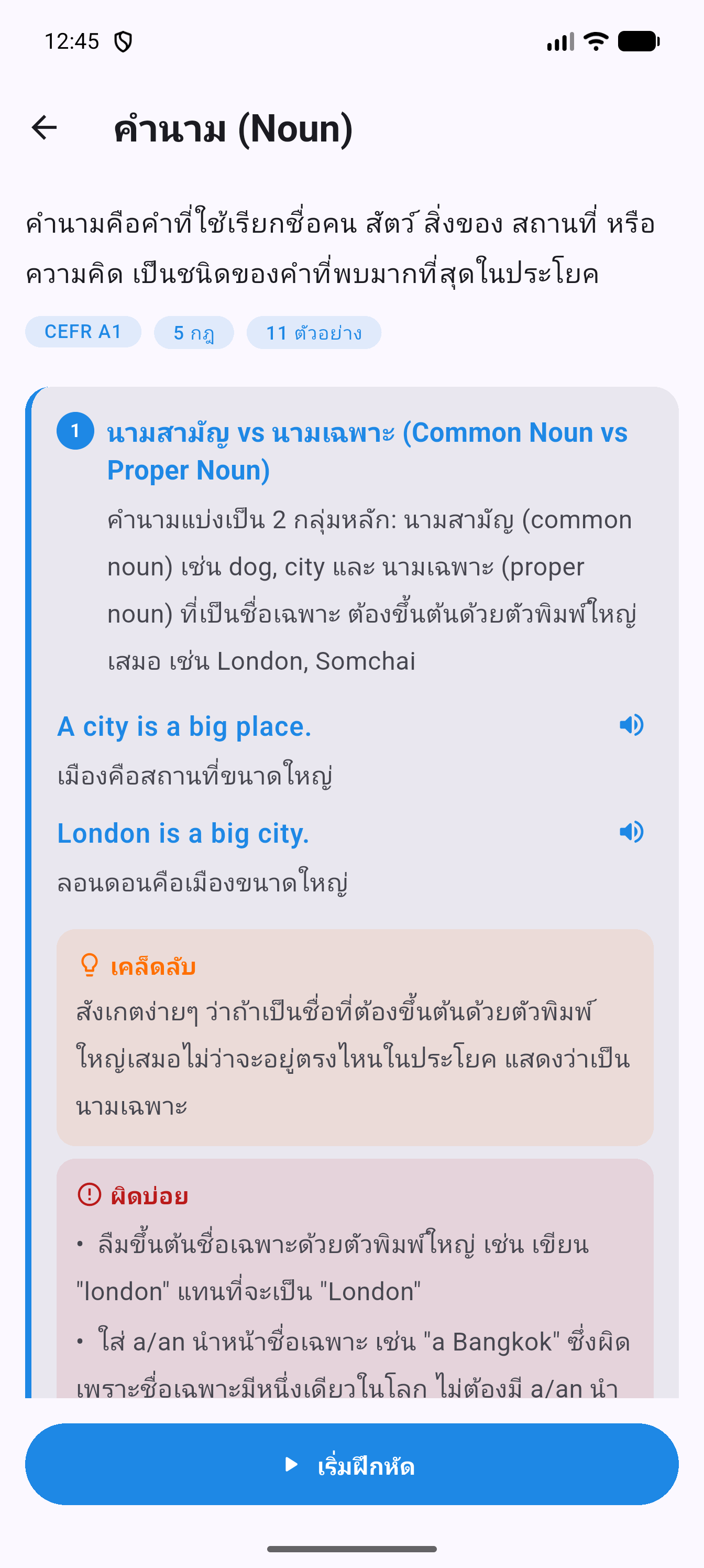 หน้าบทเรียนไวยากรณ์ของแอป ProfPao English