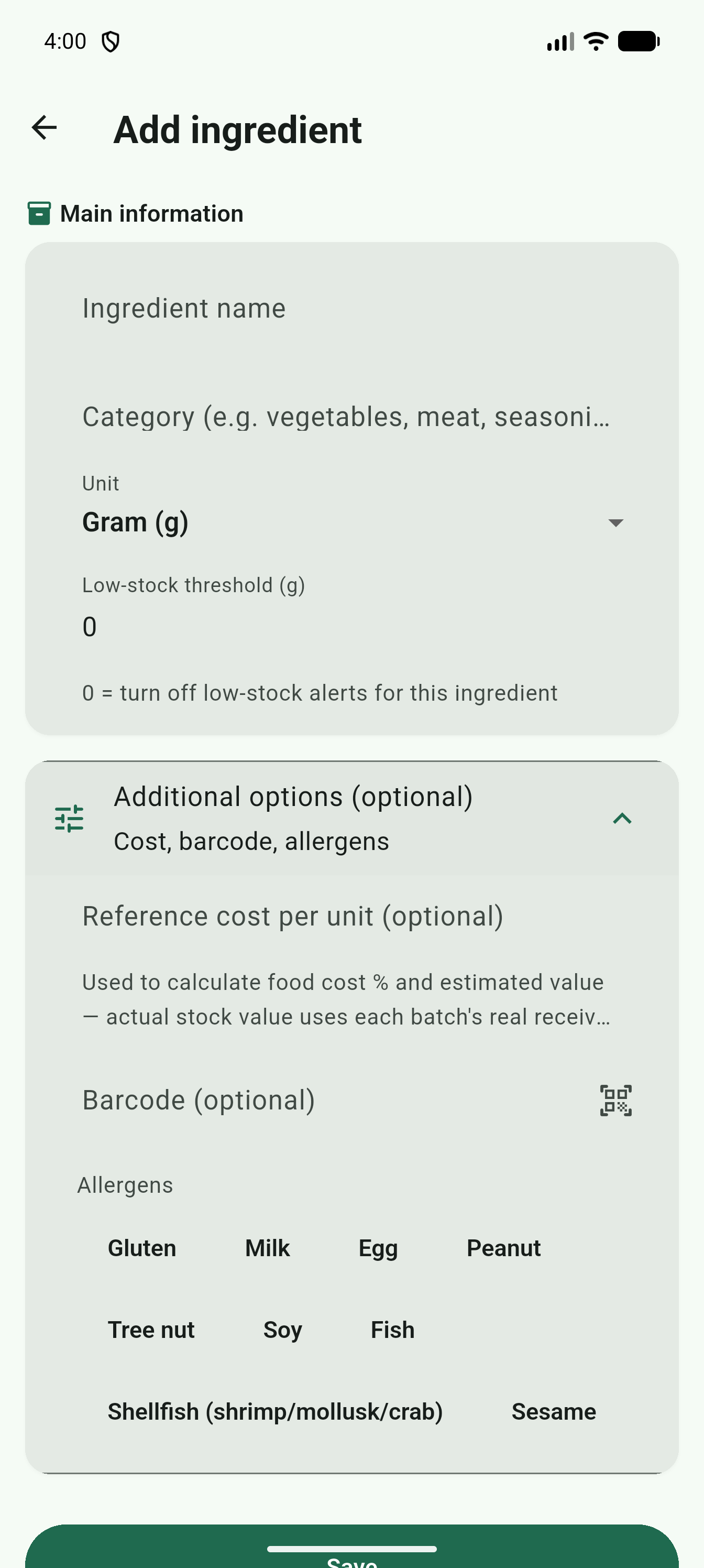 Expanded advanced-options section showing reference cost, barcode, and allergen chips