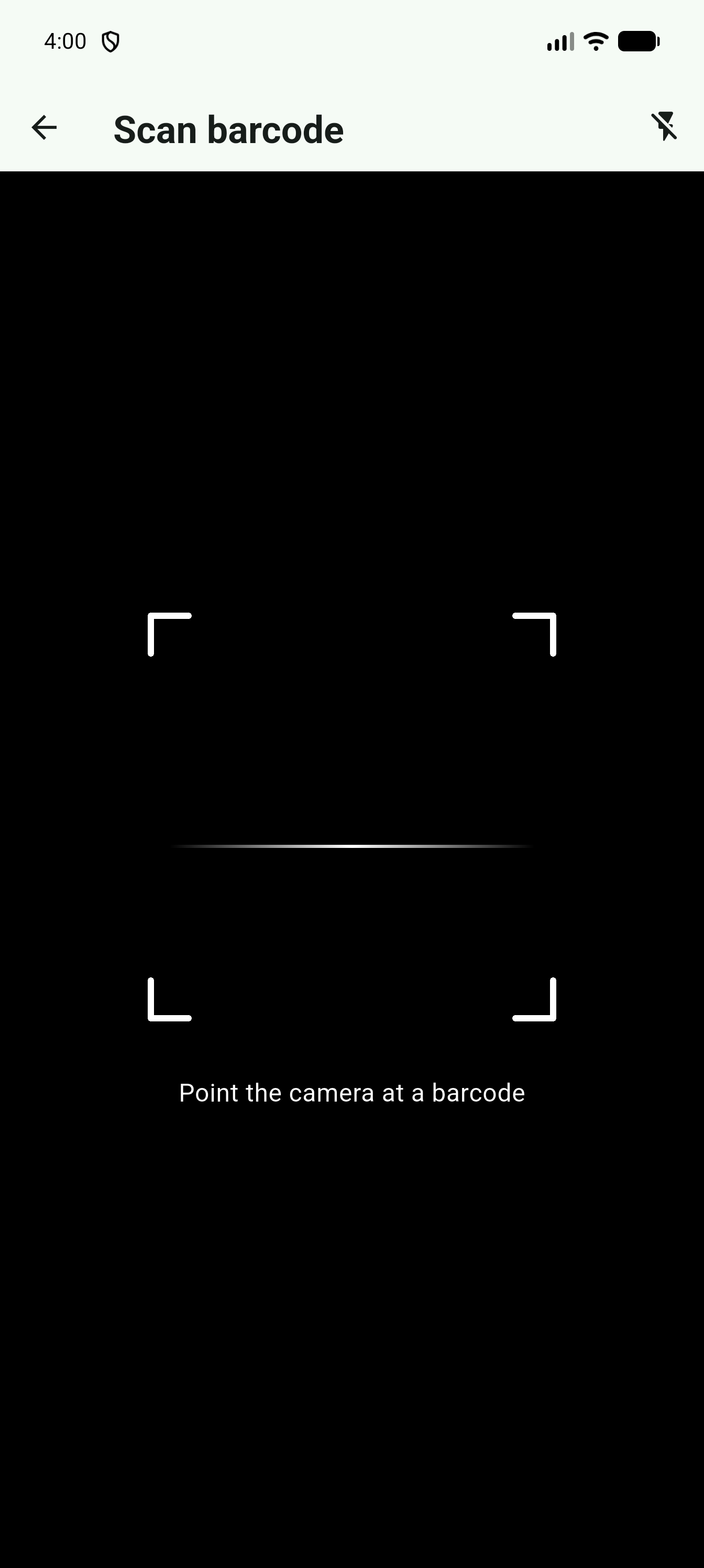 Barcode scan screen with a targeting frame and flashlight button