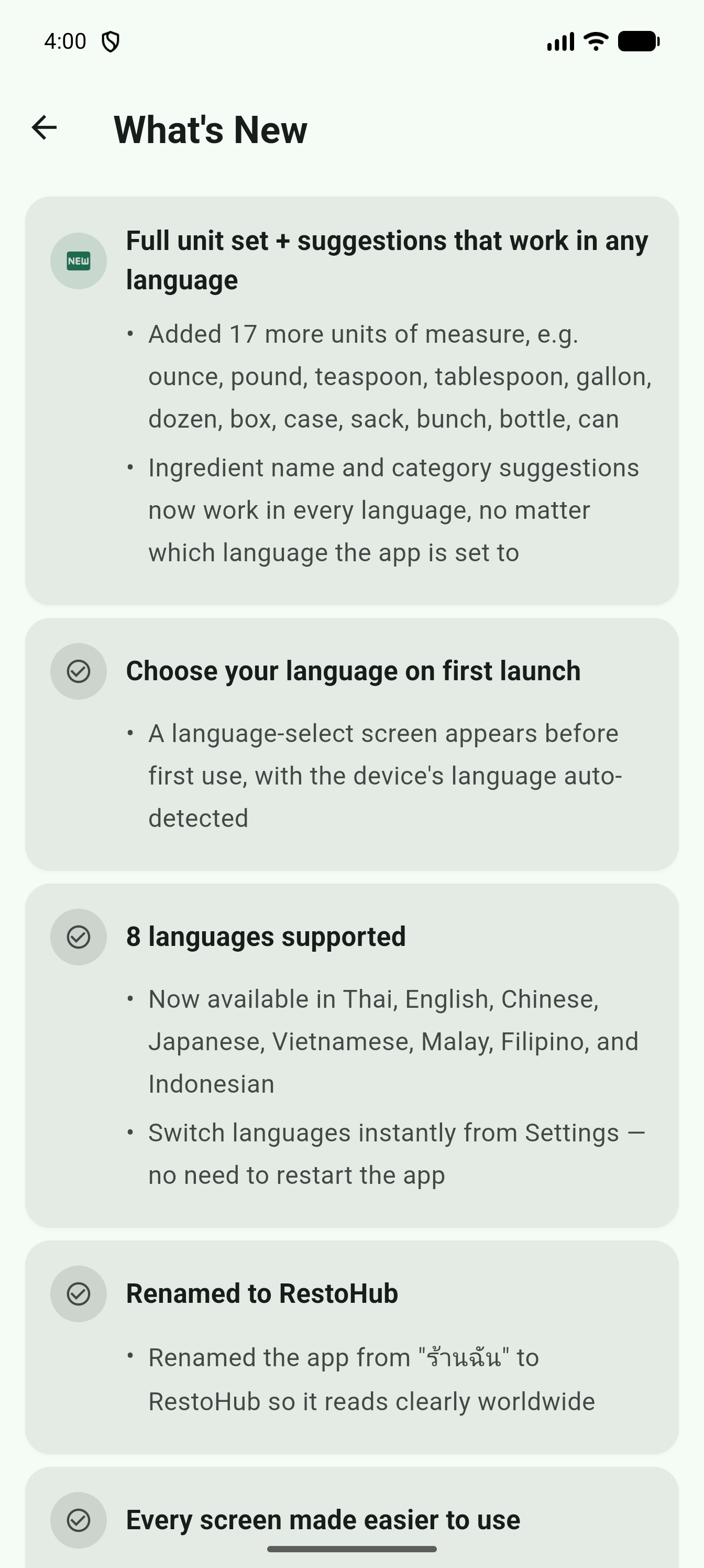 What's new screen showing version history, newest first
