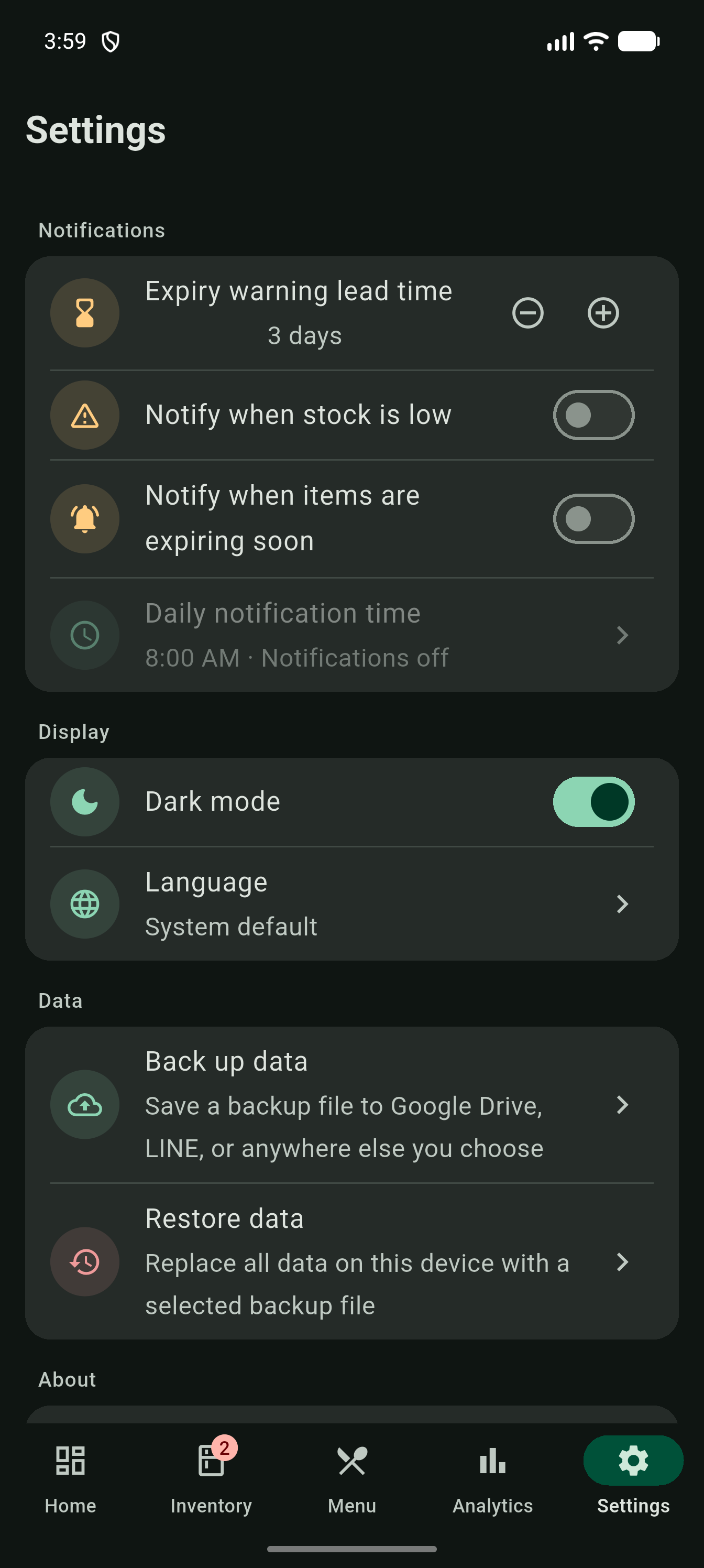 Settings screen in dark mode showing adjusted contrast and colors