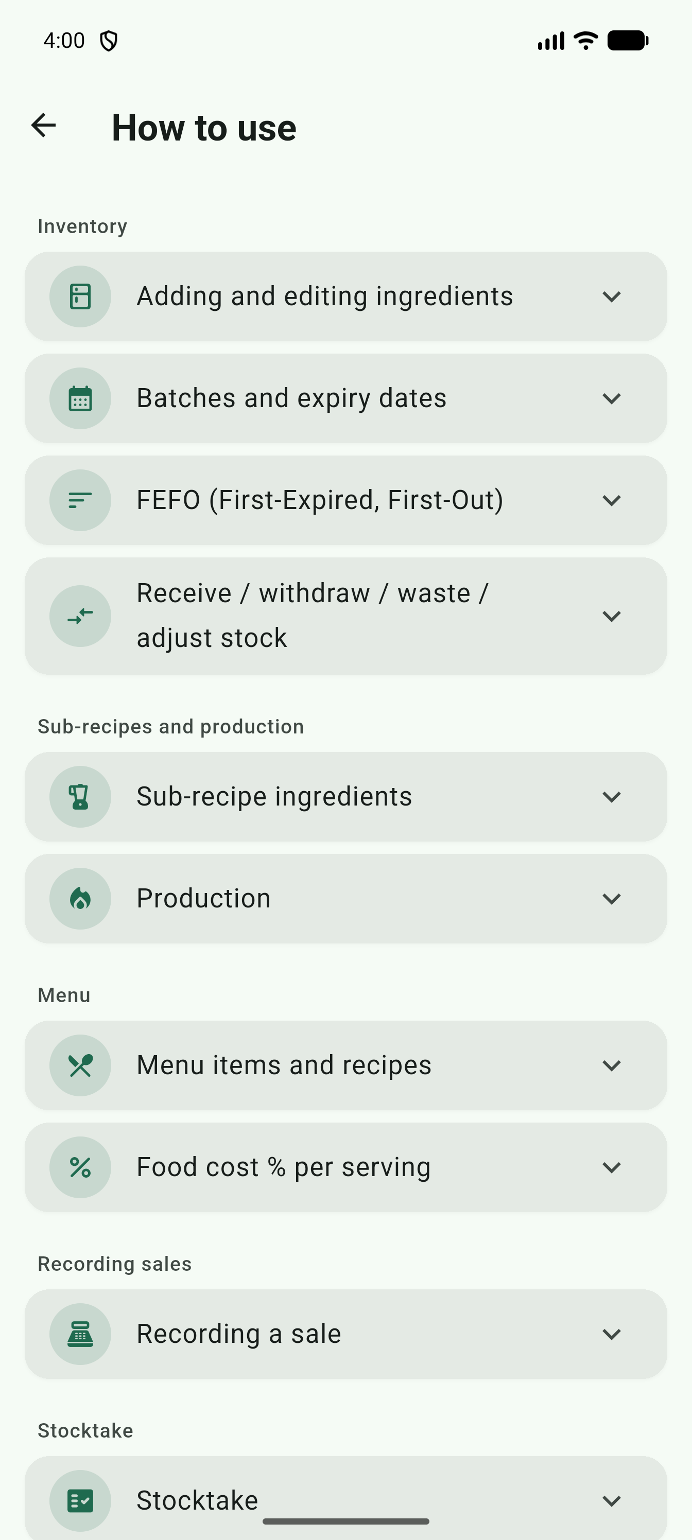 In-app help screen, expandable topic by topic