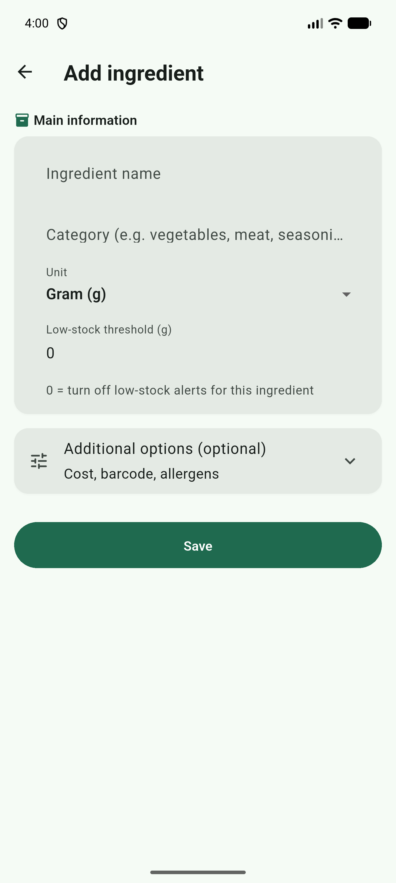 Add ingredient form, core fields and a collapsed advanced-options section