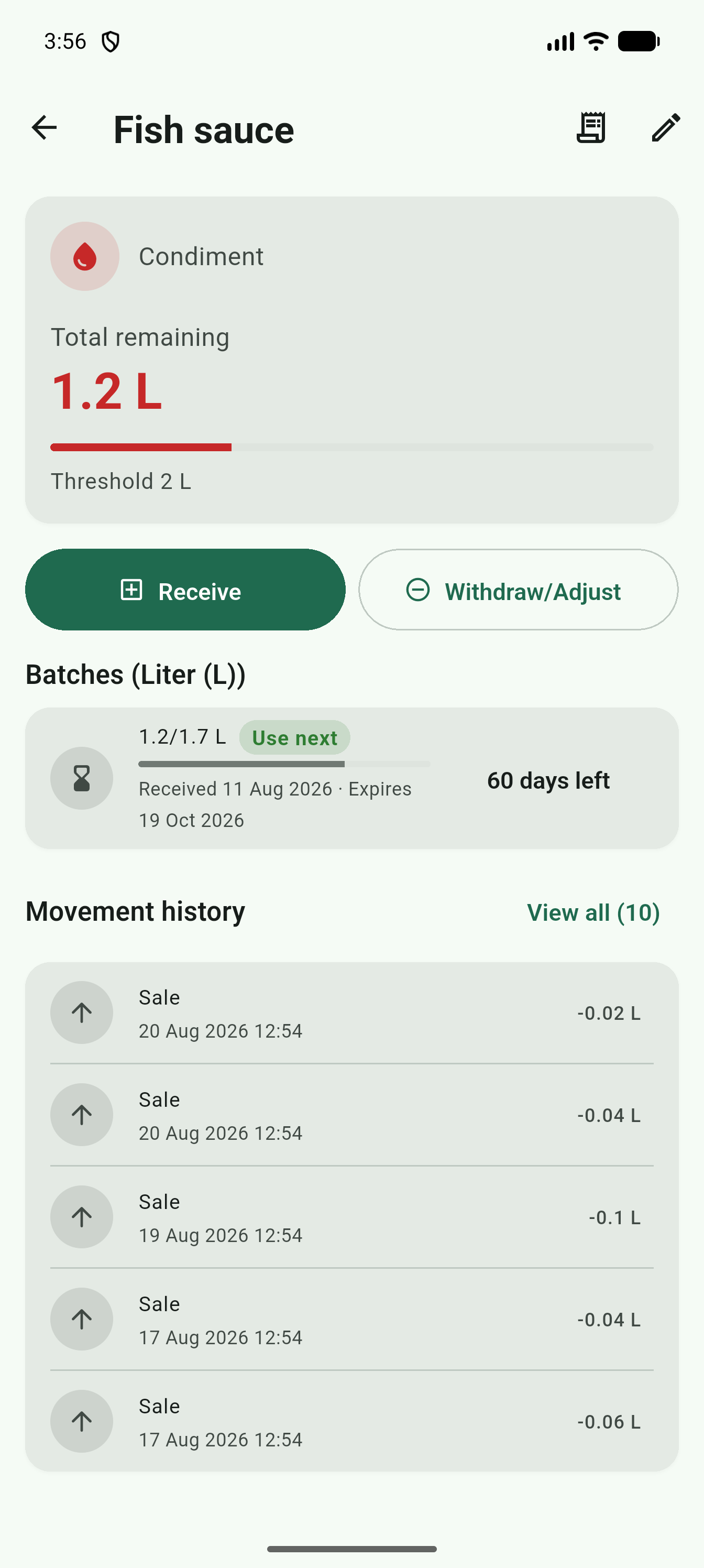 Ingredient detail screen with Receive/Withdraw buttons and batch list