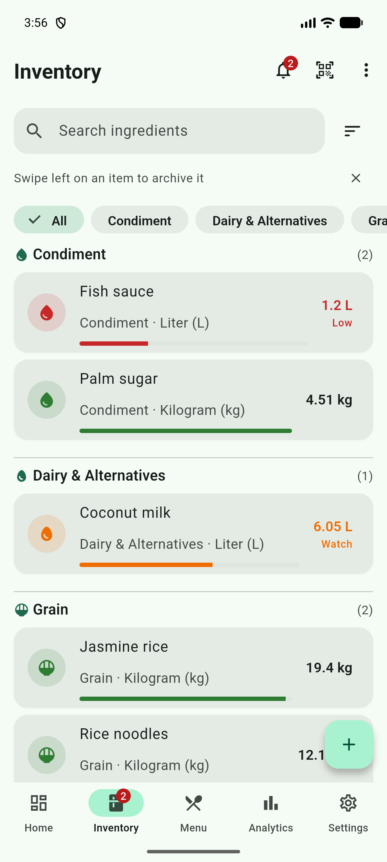 Inventory screen grouped by category with stock-level color bars