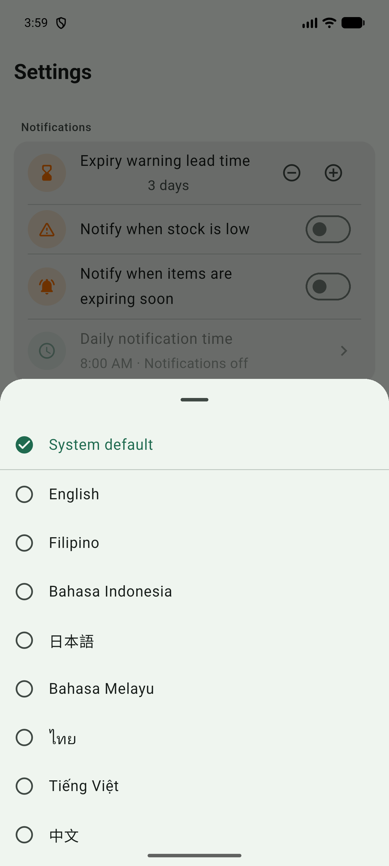 Language picker showing all 8 languages by their native name