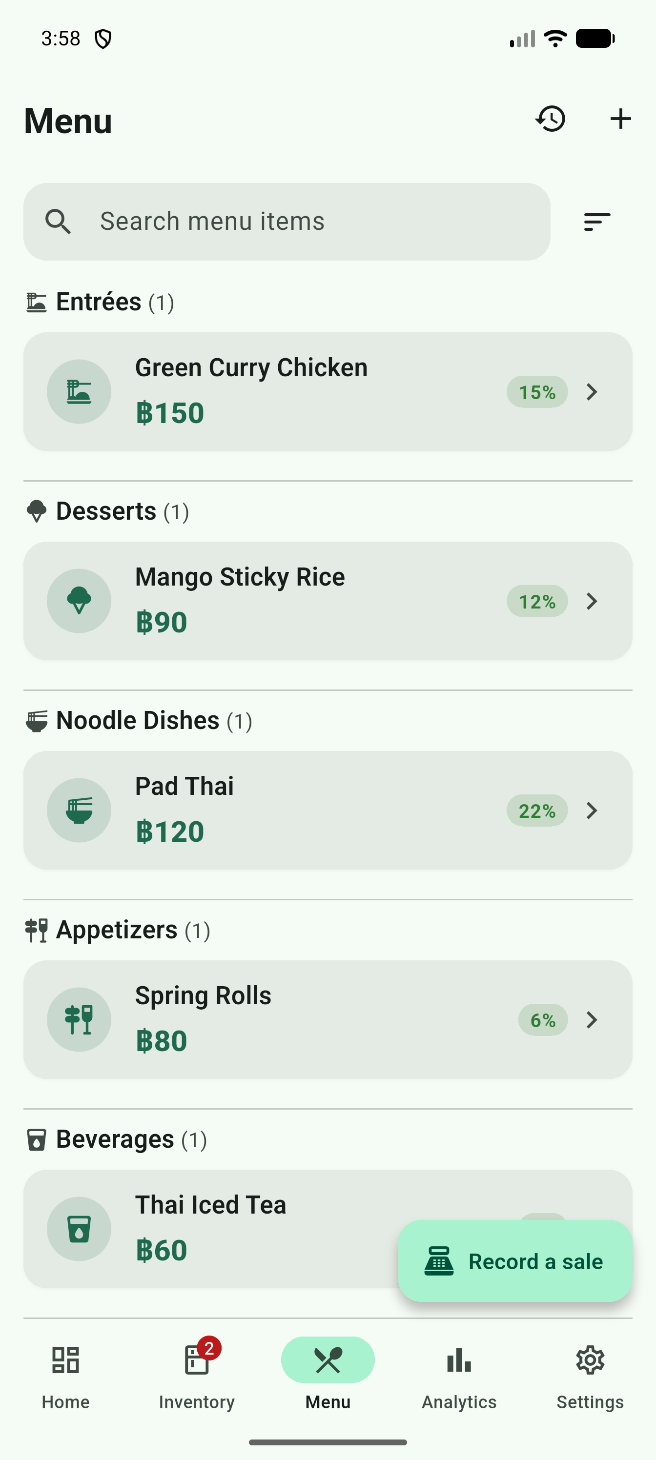 Menu list grouped by category with food-cost percentage badges