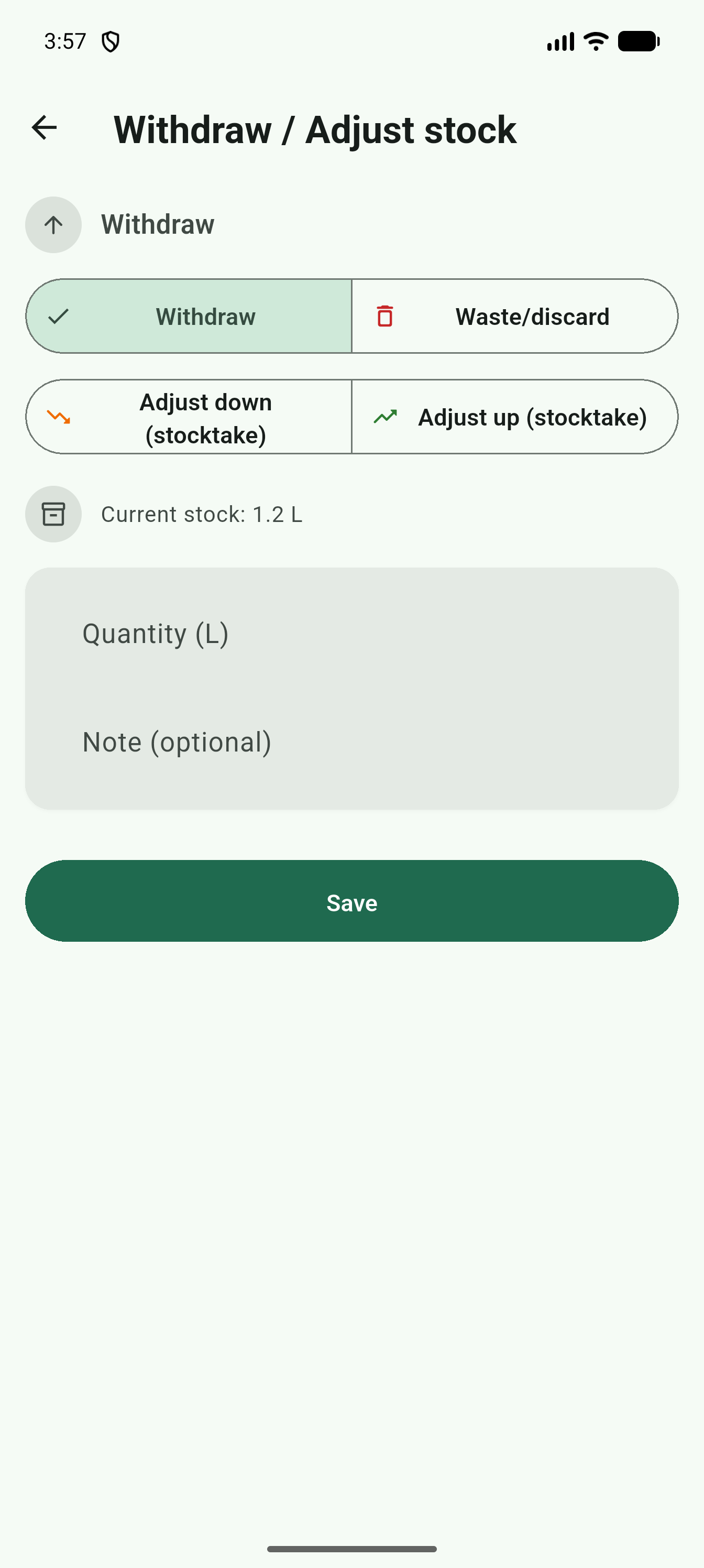 Withdraw/adjust form showing the 4 movement types in a 2x2 grid