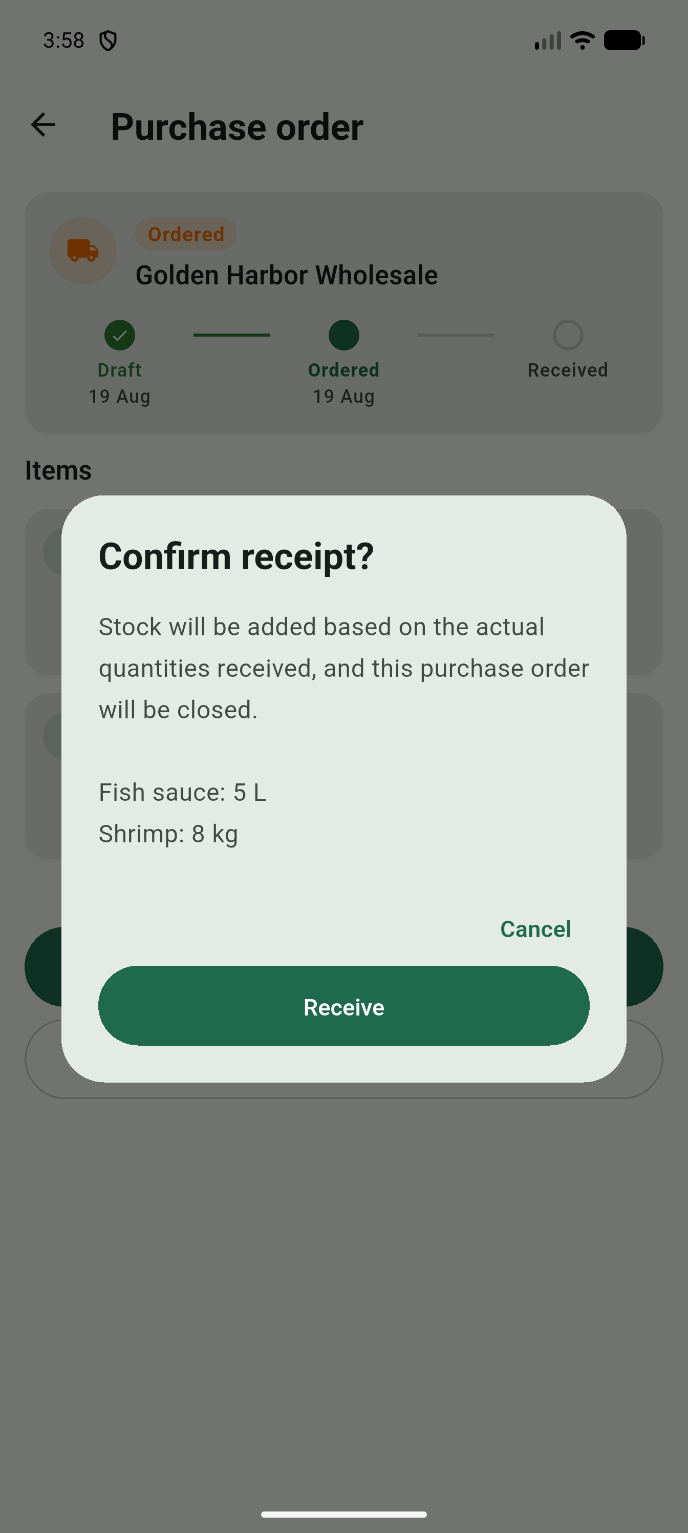 Confirm-receipt dialog summarizing quantity/unit per item before confirming