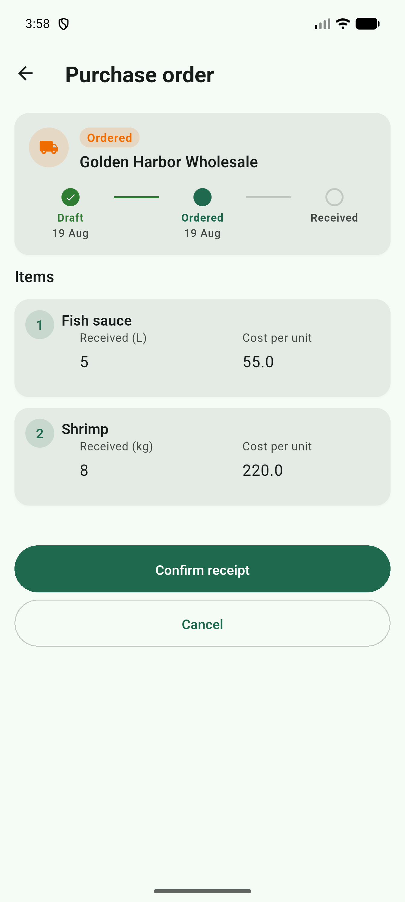 Receive screen with fields for actual quantity and price received per item
