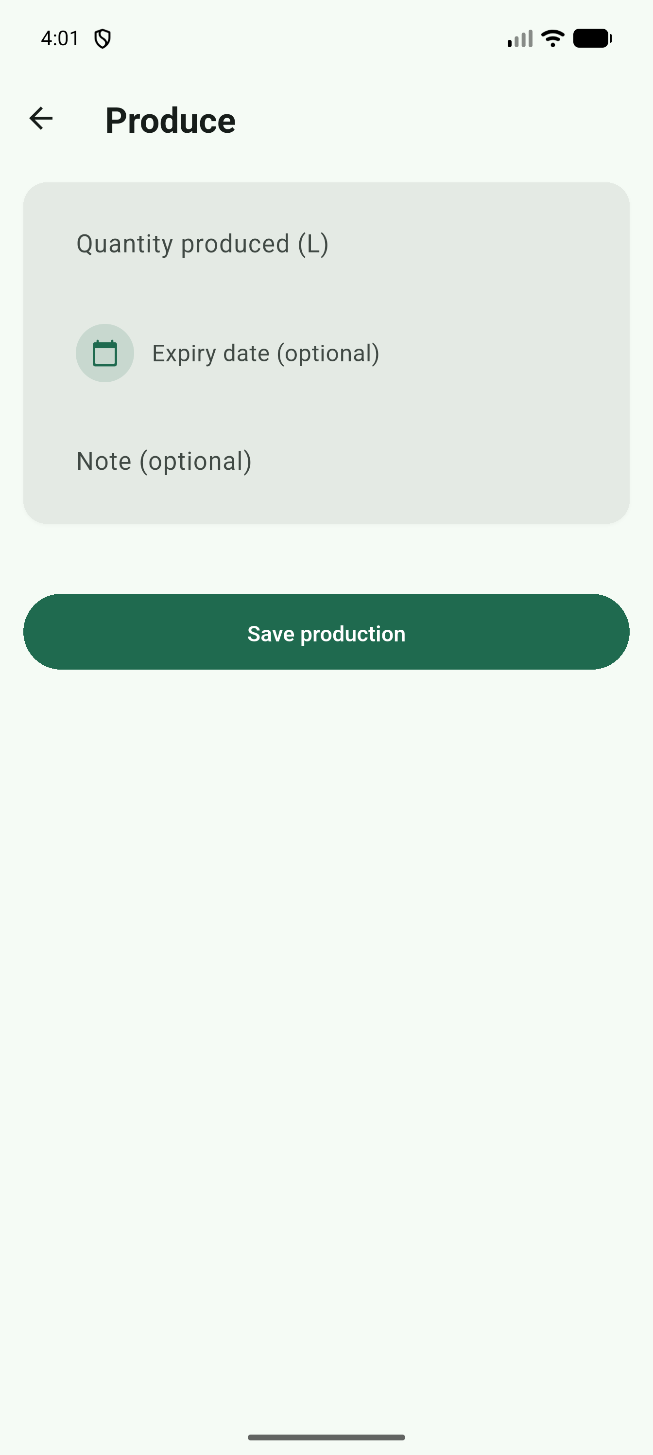 Produce screen showing a color-coded table comparing required vs. actual ingredients