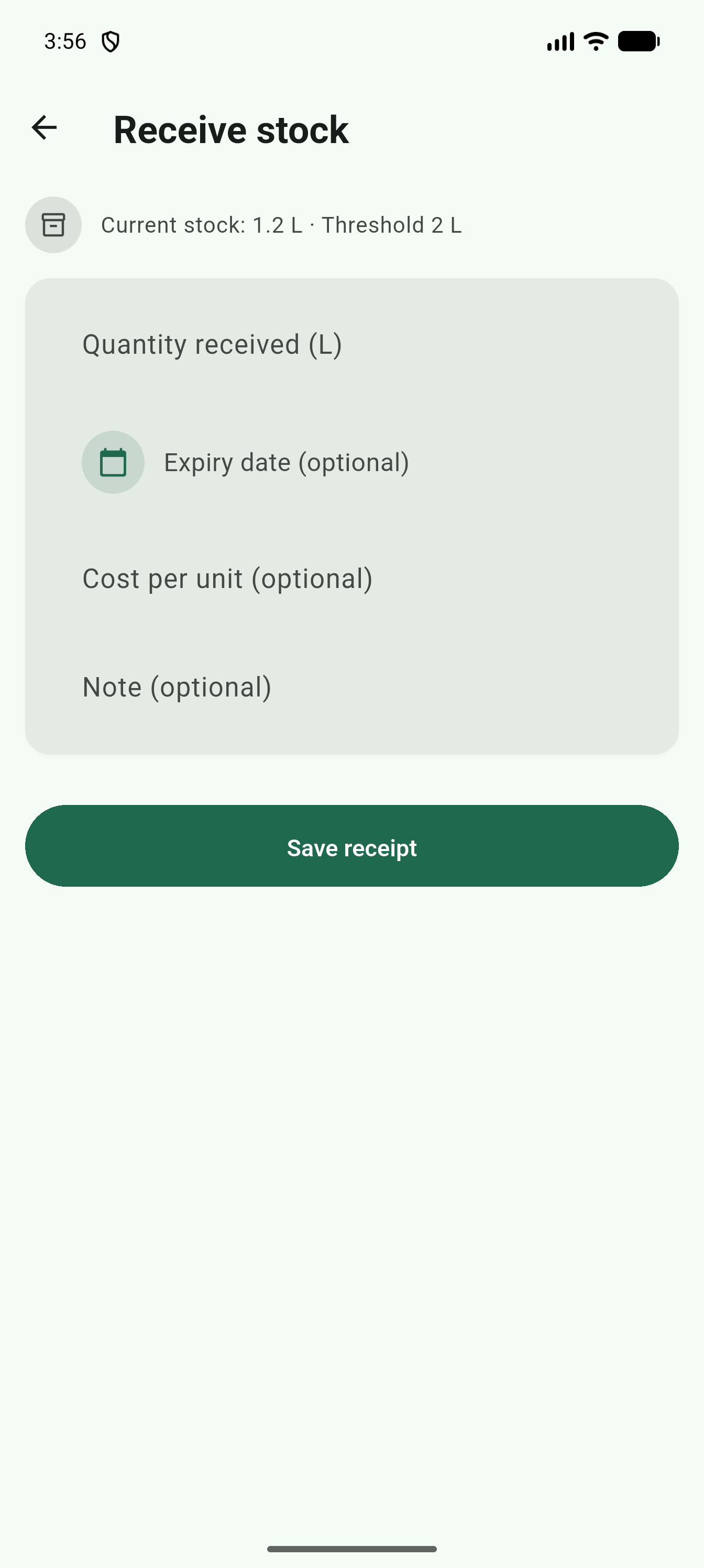 Receive stock form with a live running-total preview