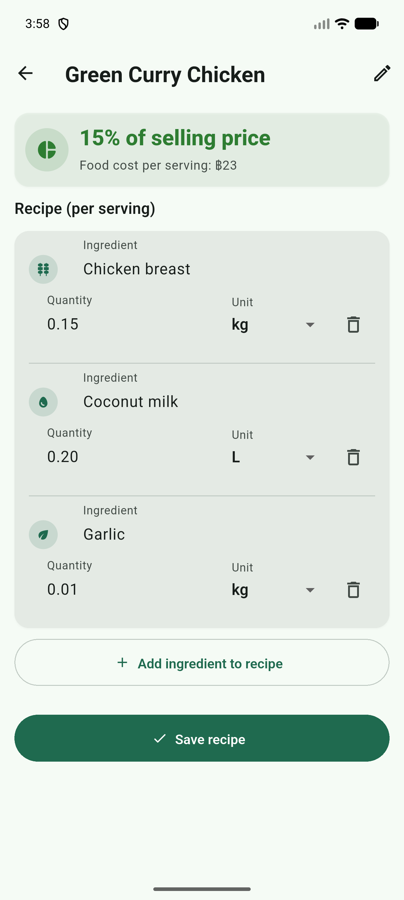 Recipe editor showing cost per serving and a combined allergen badge