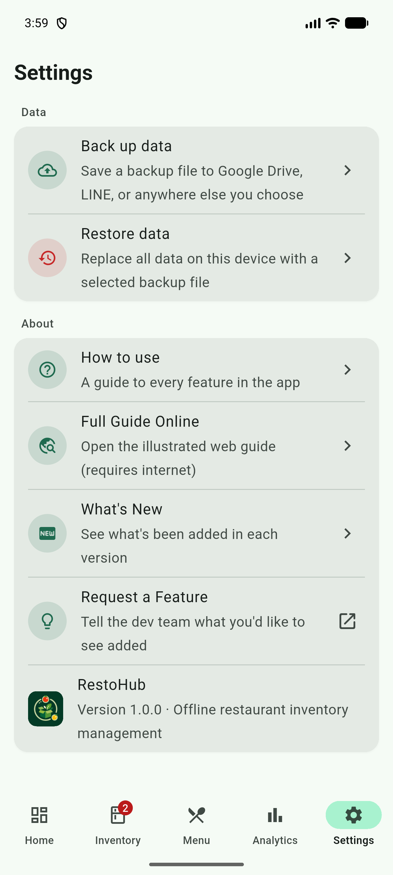 Settings' About section showing How to use, What's new, and Suggest a feature rows