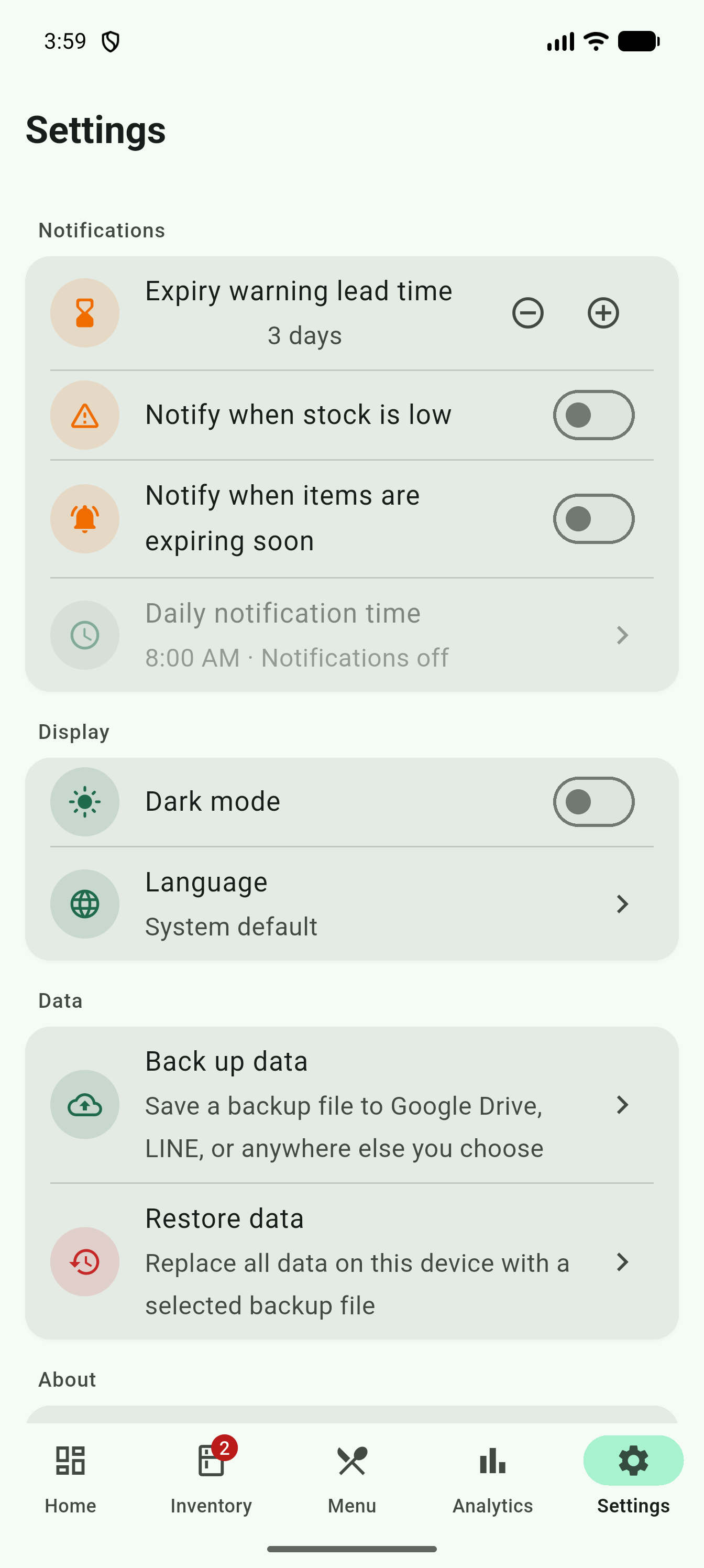 Settings screen showing Notifications, Display, and Data sections