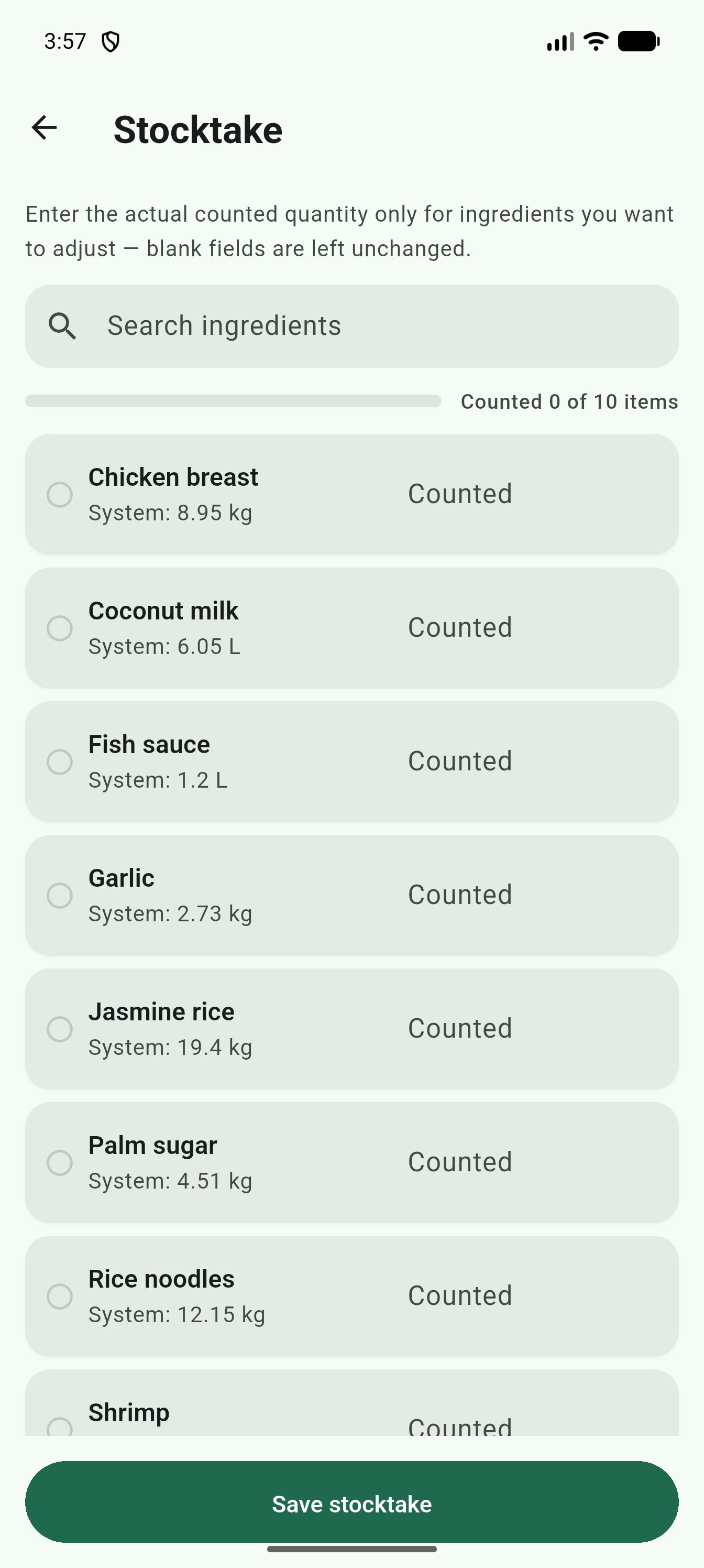 Stocktake screen with per-item counted-quantity fields