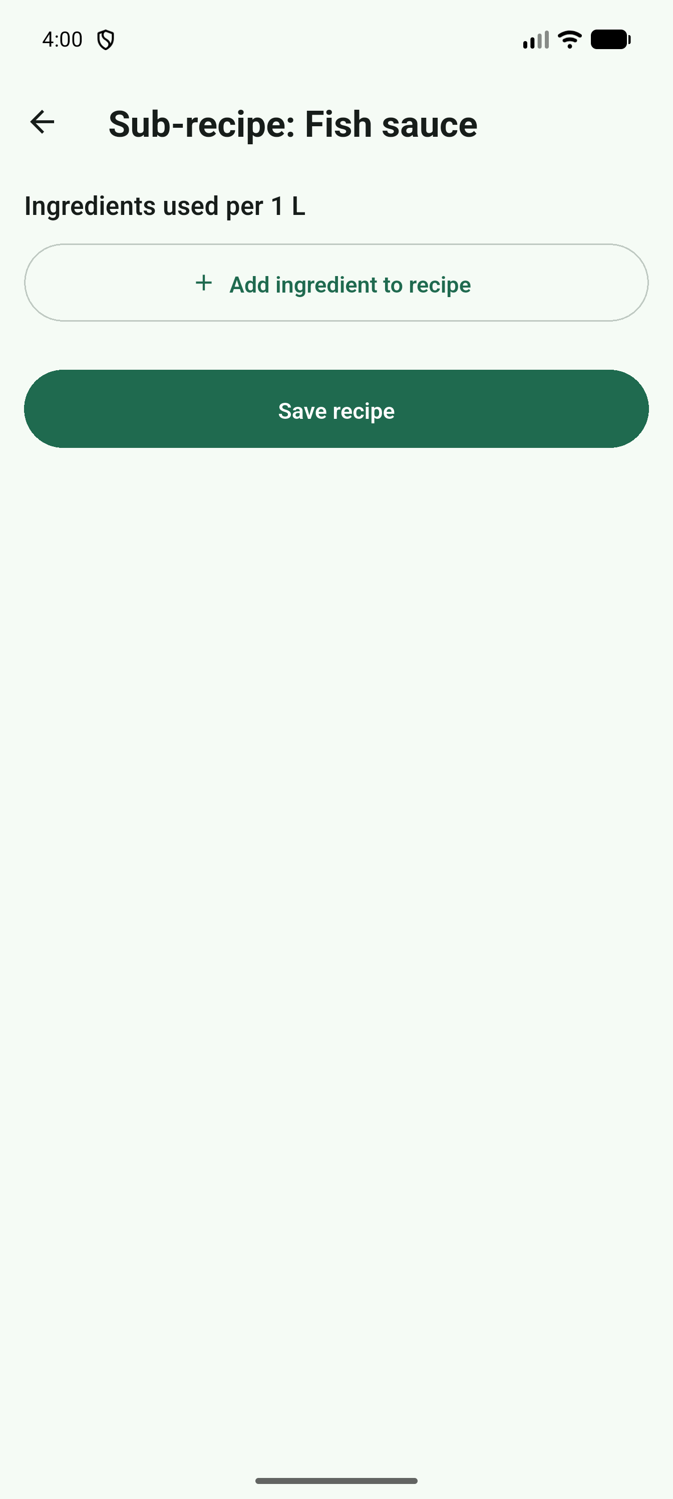 Sub-recipe editor showing raw ingredients used and a save-recipe button